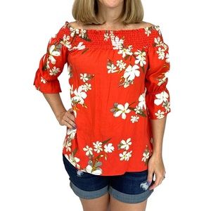 Red floral smocked off the shoulder top gorgeous!